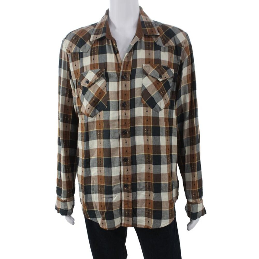 Frye Mens Cotton Plaid Collar Long Sleeve Button Down Shirt Brown Size L